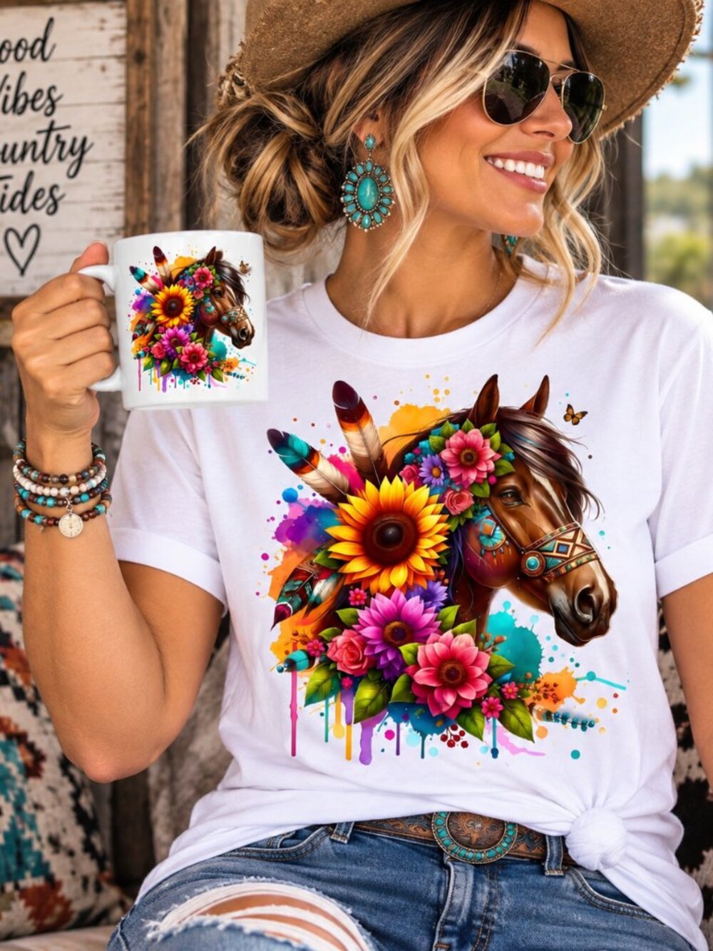 Horse Western Graphic Tee Coffee Mug Custom Matching Bundle Set